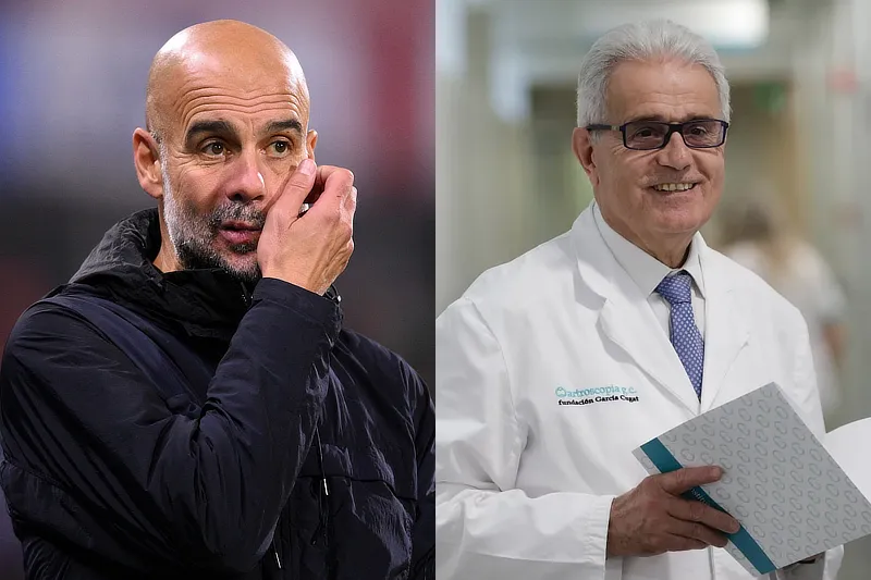 Dr Ramón Cugat, known as Guardiola’s trusted surgeon, pictured next to Pep Guardiola, highlighting their long-standing collaboration in football injury recovery.